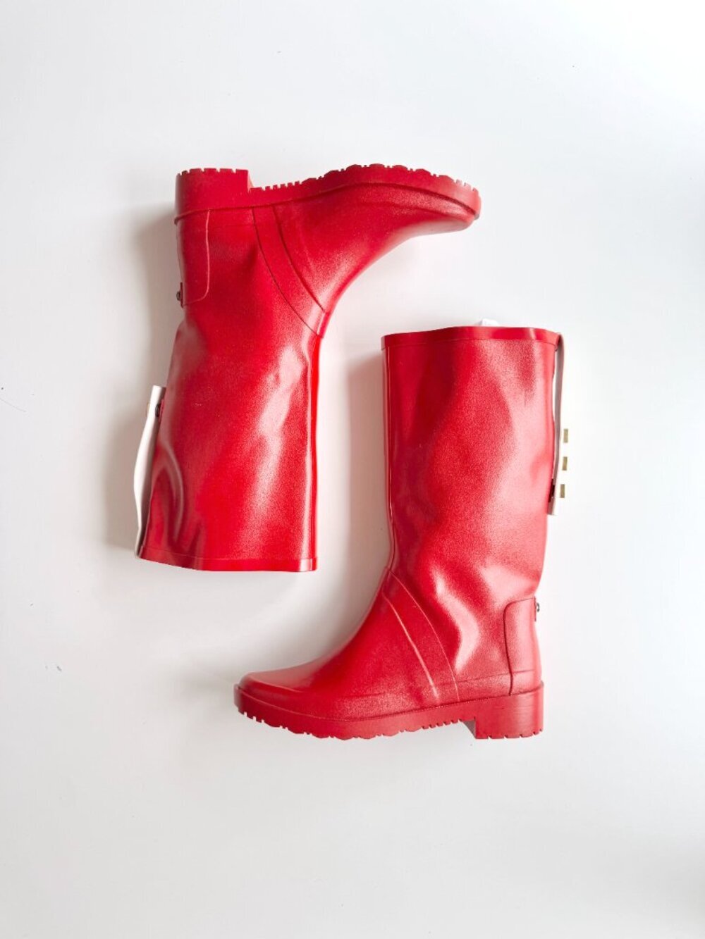 STUART WEITZMAN Red Rubber Studded Adjustable Rain Boots, Size 6